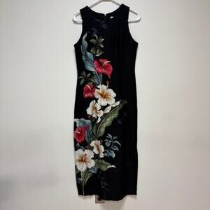 VTG Iolani Hawaii Black Hibiscus Floral Maxi Dress Sleeveless Tropical Small